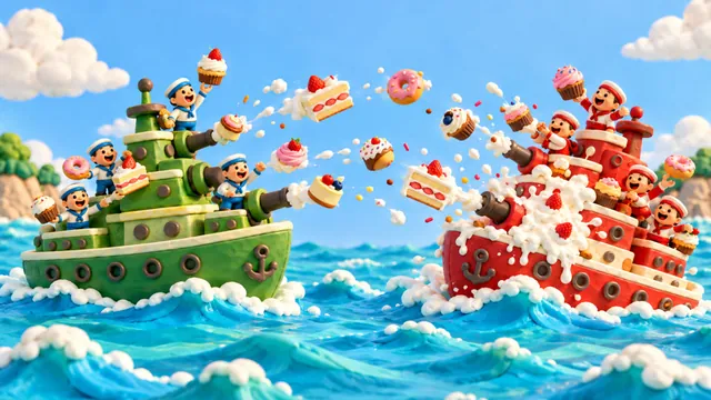 緑の船と赤い船がケーキを撃ち合う、粘土の海戦ゲームのイラスト
